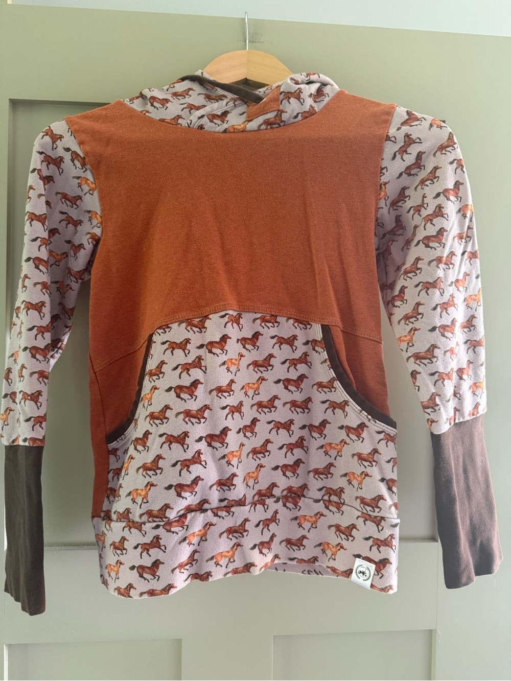 Handmade Horse-Print Hoodie with Rust Panels